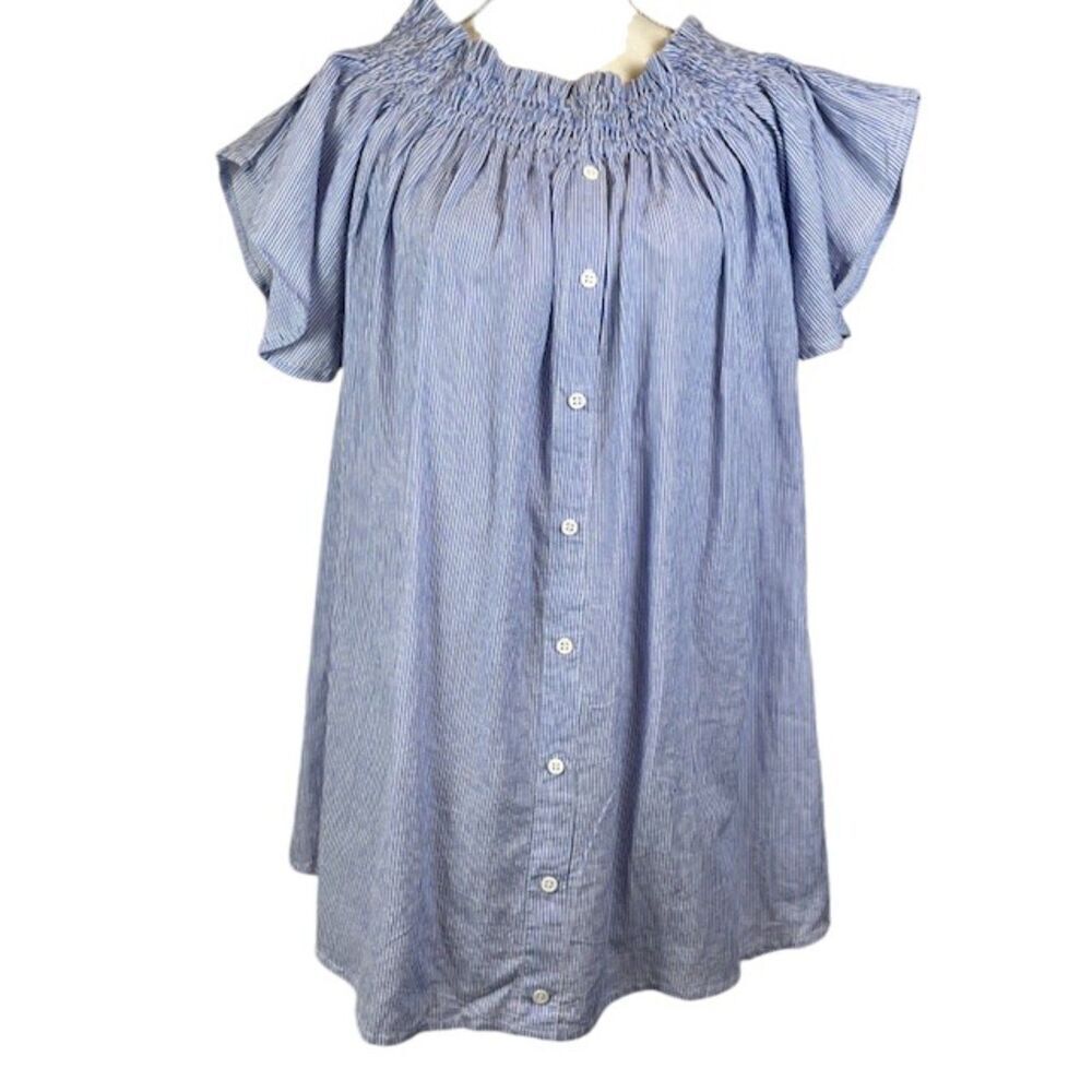 Faithfull the Brand Blue and White Pinstripe Cotton Top Elastic Shoulders Size 4